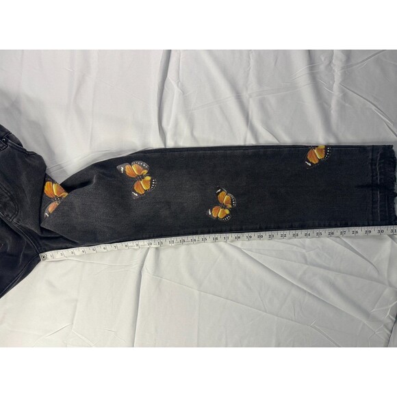 MNML Jeans Womens Size 33 Straight Butterfly Print Black 5 Pocket Raw Hem - Picture 4 of 8